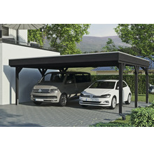 Doppelcarport aus Holz mit zwei geparkten Autos