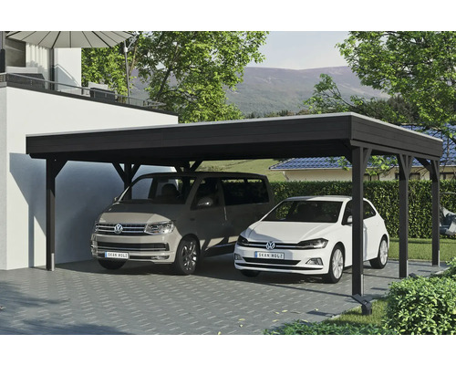 Doppelcarport aus Holz mit zwei geparkten Autos