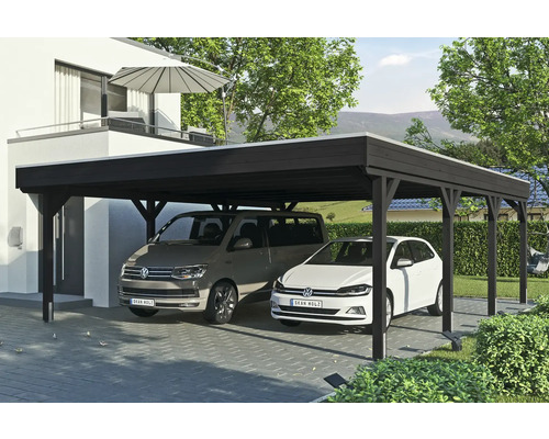 Doppelcarport aus Holz mit zwei parkenden Autos auf einem Grundstück