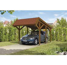 Holzcarport mit Satteldach und geparktem Auto