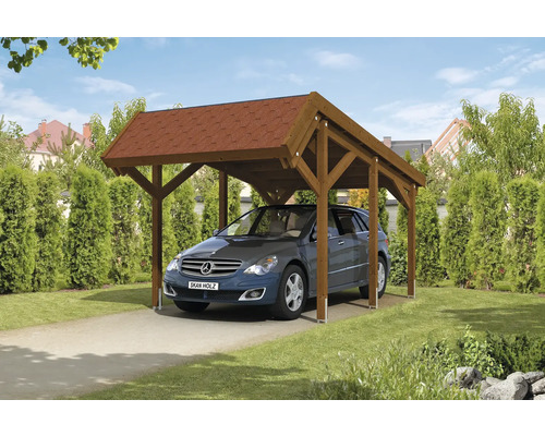 Holzcarport mit Satteldach und geparktem Auto