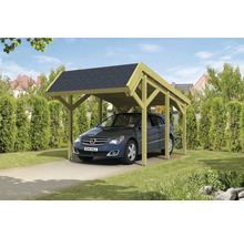 Voiture sous un carport simple en bois avec toit