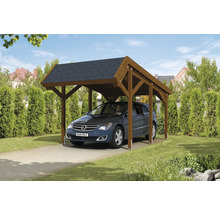 Voiture garée sous un carport en bois avec carton bitumé