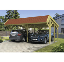 Double carport en bois avec deux voitures garées