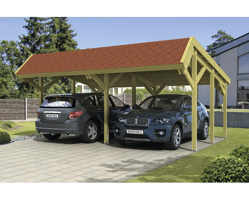 Double carport en bois avec deux voitures garées