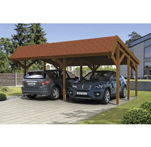 Double abri de voiture en bois avec deux voitures garées