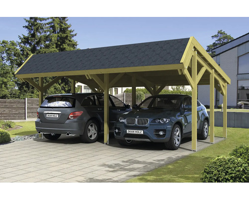 Double abri de voiture en bois avec deux voitures garées