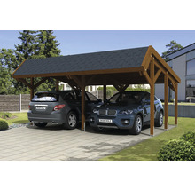 Double carport en bois avec deux voitures garées