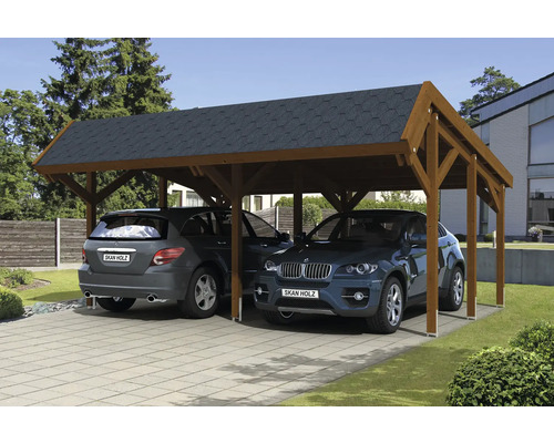 Carport double SKAN HOLZ Harz avec ancre de poteau, bardeaux noirs 624 x 560 cm noyer Double carport en bois avec deux voitures garées