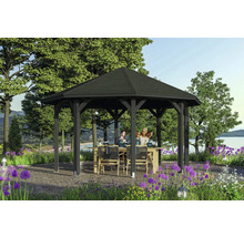 Scène de jardin avec pavillon octogonal, table et chaises