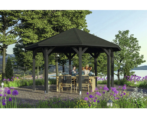 Scène de jardin avec pavillon octogonal, table et chaises