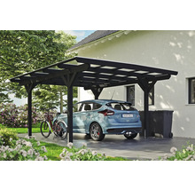 Carport aus Holz mit Auto, Fahrrad und Mülltonnen