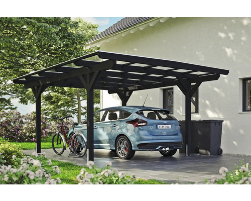 Carport aus Holz mit Auto, Fahrrad und Mülltonnen