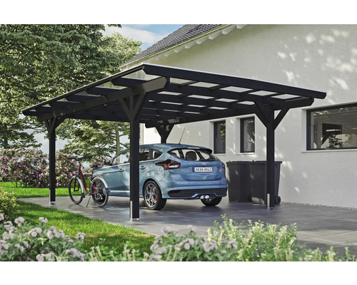 Carport individuel SKAN HOLZ Odenwald avec ancre de poteau 428 x 648 cm anthracite Abri de voiture avec voiture, vélo et poubelles dans le jardin