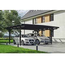 Doppelcarport aus Holz mit zwei parkenden Autos vor einem Wohnhaus