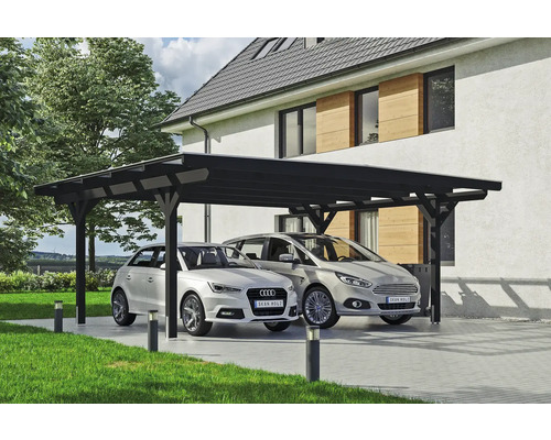 Carport double SKAN HOLZ Odenwald avec ancre de poteau 640 x 541 cm anthracite Double carport en bois avec deux voitures garées devant une maison d''habitation