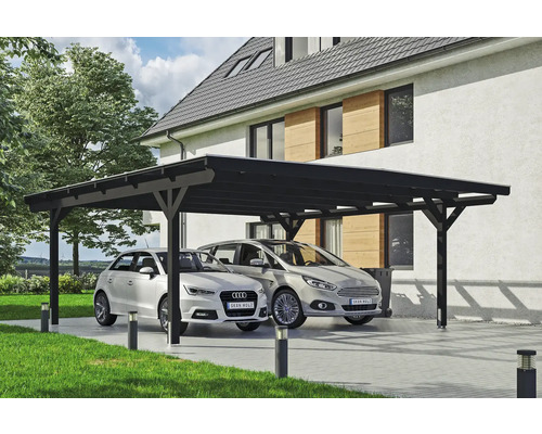 Carport double SKAN HOLZ Odenwald avec ancre de poteau 640 x 648 cm anthracite Double abri de voiture en bois avec deux voitures garées devant une maison