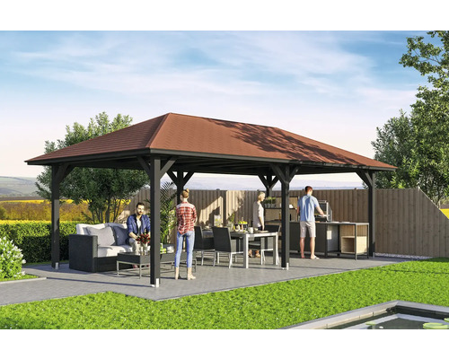 Scène de jardin avec pavillon en bois, coin salon, table à manger et espace barbecue