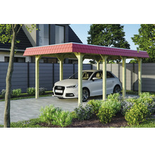 Offener Carport aus Holz mit rotem Dach und geparktem Auto