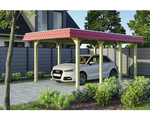 Offener Carport aus Holz mit rotem Dach und geparktem Auto