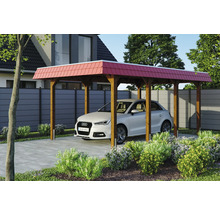 Carport aus Holz mit rotem Dach und Auto