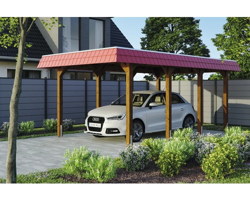 Carport aus Holz mit rotem Dach und Auto
