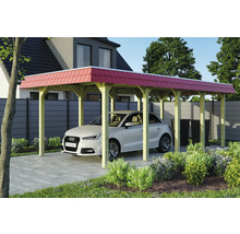 Carport aus Holz mit rotem Dach und Auto