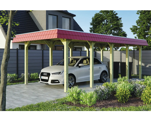 Carport aus Holz mit rotem Dach und Auto