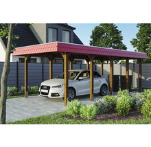 Carport en bois avec toit rouge et voiture