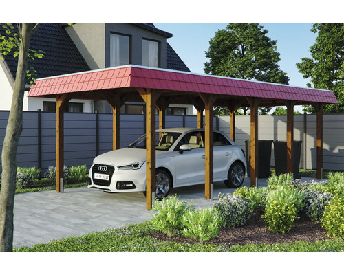 Carport en bois avec toit rouge et voiture