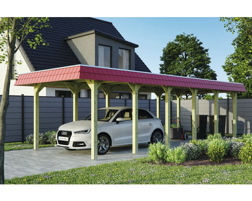 Carport aus Holz mit rotem Dach und Auto auf einem Grundstück