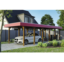 Carport aus Holz mit rotem Dach und darunter geparktem Auto