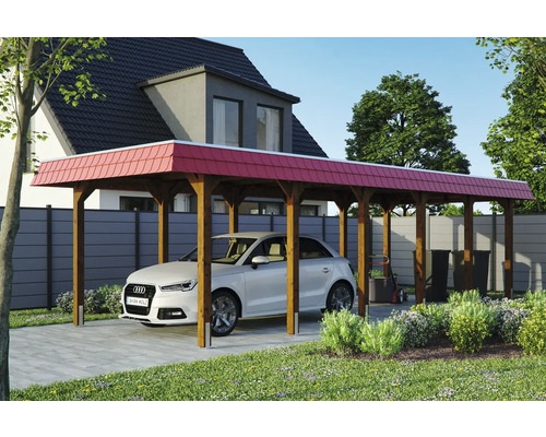 Carport aus Holz mit rotem Dach und darunter geparktem Auto