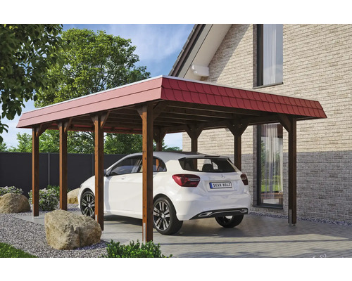Holzcarport mit Ziegeldach und Auto