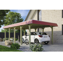 Carport aus Holz mit Auto und Fahrrad