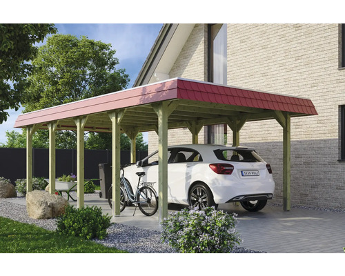 Carport aus Holz mit Auto und Fahrrad