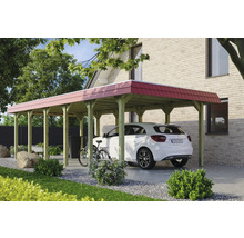 Carport aus Holz mit Auto und rotem Dach