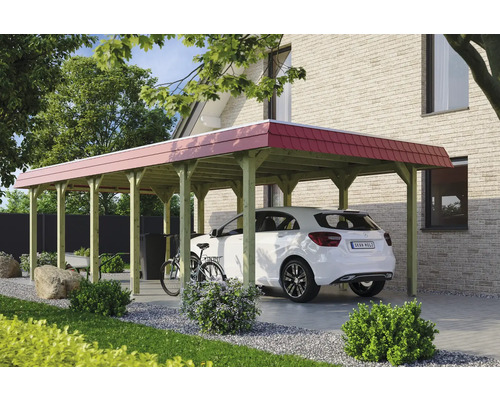 Carport aus Holz mit Auto und rotem Dach