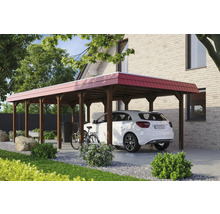 Carport aus Holz mit rotem Dach neben einem Haus mit einem weißen Auto darunter