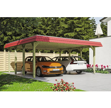 Doppelcarport aus Holz mit zwei Autos