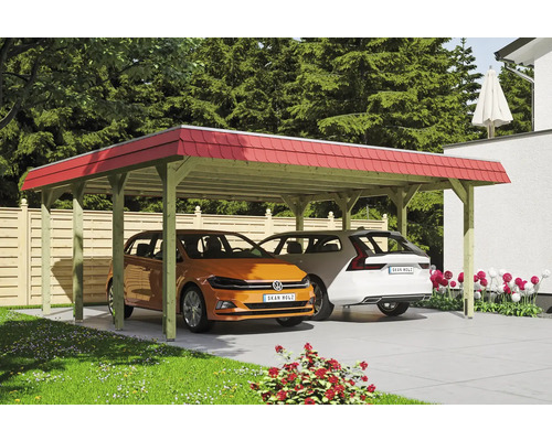 Doppelcarport aus Holz mit zwei Autos