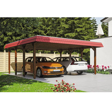 Doppelcarport aus Holz mit zwei parkenden Autos
