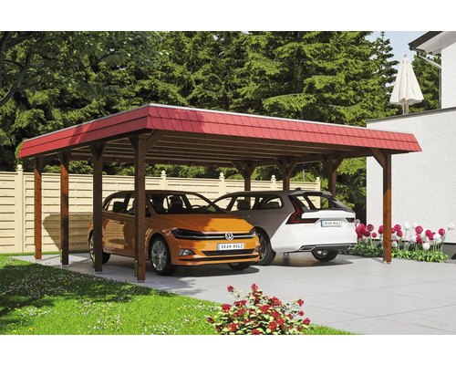 Doppelcarport aus Holz mit zwei parkenden Autos