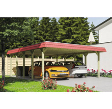 Doppelcarport aus Holz mit zwei geparkten Autos und rotem Dach