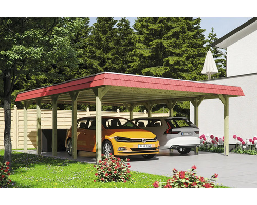 Doppelcarport aus Holz mit zwei geparkten Autos und rotem Dach