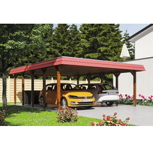 Doppelcarport aus Holz mit zwei geparkten Autos