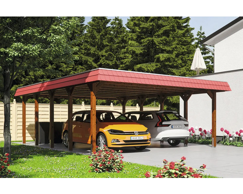 Doppelcarport aus Holz mit zwei geparkten Autos