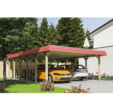 Carport mit zwei Autos und rotem Dach