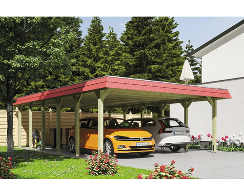 Carport mit zwei Autos und rotem Dach