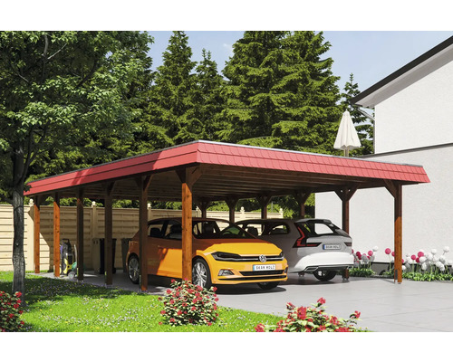 Doppelcarport aus Holz mit zwei geparkten Autos im Garten.
